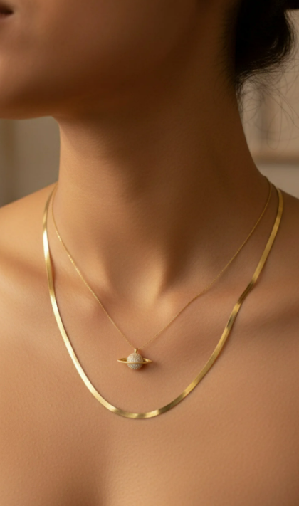 Elora Veyn Kadın İtalyan Gold Zincir Satürn Kombin Kolye Elora Veyn