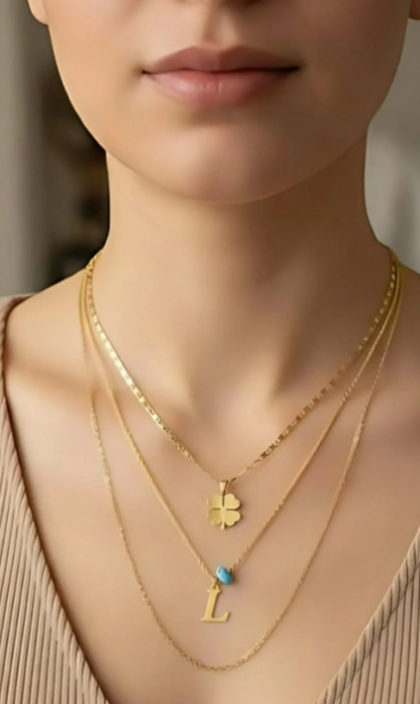 Elora Veyn  Kadın Gold Harmony kombin üçlü L harfli kolye